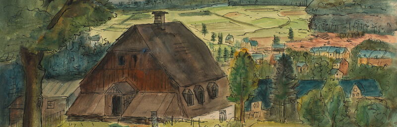 Elisabeth Ahnert, Landschaft bei Ehrenfriedersdorf, um 1950. Blick auf Ehrenfriedersdorf, im Vordergrund Beete und links ein großer Laubbaum sowie ein altes Bauernhaus, gedeckte, erdige Farben und ein grauer, wolkenverhangener Himmel