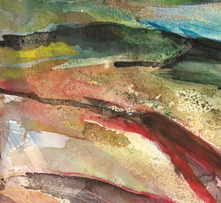 Aquarell mit einer dichten Struktur und nuancenreicher Farbigkeit. Die Spuren des Pinsels sind deutlich erkennbar, verschiedene Farben überlagern sich. Im Hintergrund deutet sich eine langgestreckte Horizontlinie und ein größerer Bergrücken an.