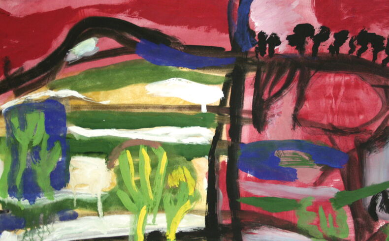 Fritz Keller, Landschaft, 1980. Expressive und abstrahierte Landschaft mit Feldern und Bäumen bei Tauwetter, leuchtende Farbgebung mit grün, gelb und rot im Himmel sowie schwarzem Liniengerüst