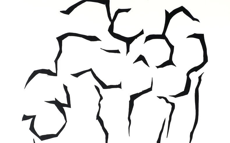 Friedrich Höfer, H 10 - 98 (Basalt Hirtstein), 1998. Holzschnitt in Schwarzweiß, schmale schwarze Linien, die an Gesteinsformationen (Basalt) erinnern