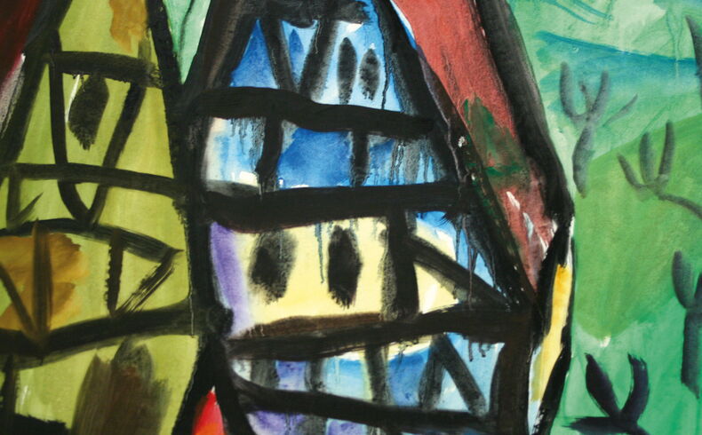 Fritz Keller, Häuser mit Fachwerk, undatiert. Expressive und abstrahierte Landschaft mit den Giebeln von zwei Fachwerkhäusern im Vordergrund, leuchtende Farbgebung mit grün, hellblau, rot und orange sowie schwarzem Liniengerüst