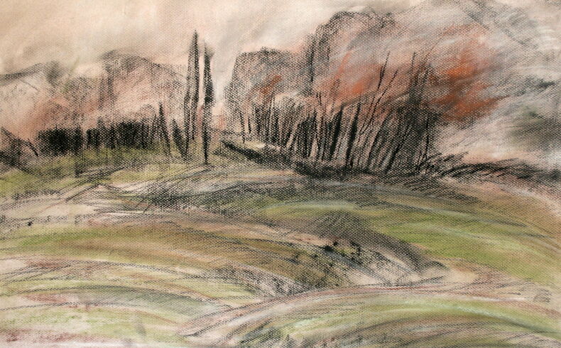 Brigitte Dietrich, Entdeckung, 1999. Blick über eine Wiese mit einem zickzackförmig verlaufenden Bach, im Hintergrund Baumgruppe und Gebüsch, in grünlichen und rötlichen Tönen mit deutlichen schwarzen Strukturen