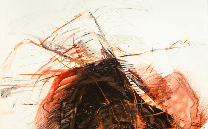 Abstrahierte Darstellung einer dreiecksförmigen Halde in brauner bis rötlicher Farbgebung