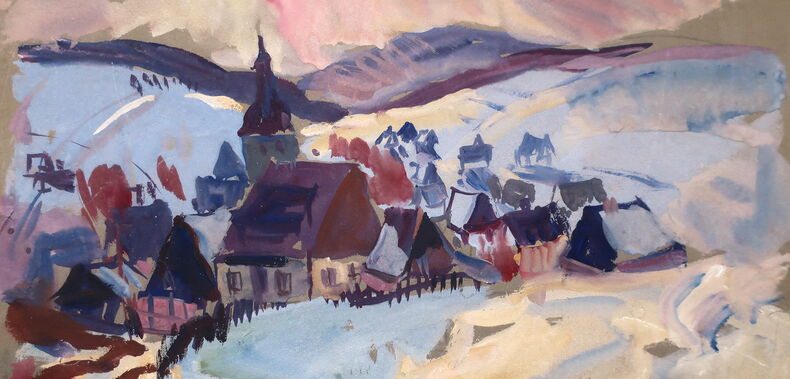 Alfred Hofmann-Stollberg, Ohne Titel, undatiert. Blick auf ein Erzgebirgsdorf im Winter, im Zentrum eine Kirche mit markantem Turm, im Hintergrund Bergrücken, fleckige Malweise in Hell- und Dunkelblau, Violett und schmutzigem Weiß