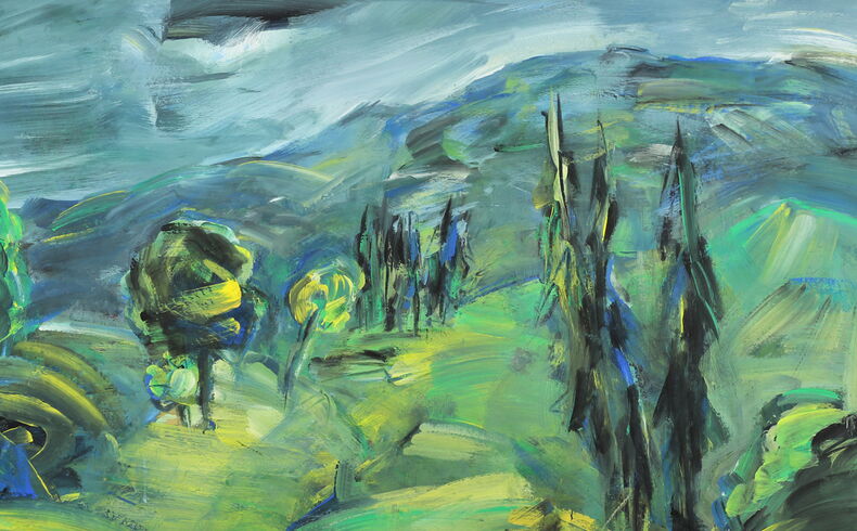 Klaus Hirsch, Erzgebirgslandschaft, 2011,Blick über eine hügelige Landschaft mit Bäumen und Büschen, rechts vorn zwei hohe Bäume, relativ expressiver Pinselduktus, Blau-, Grün und Gelbtöne vorherrschend, der Himmer blaugrau mit wenigen weißen Aufhellungen