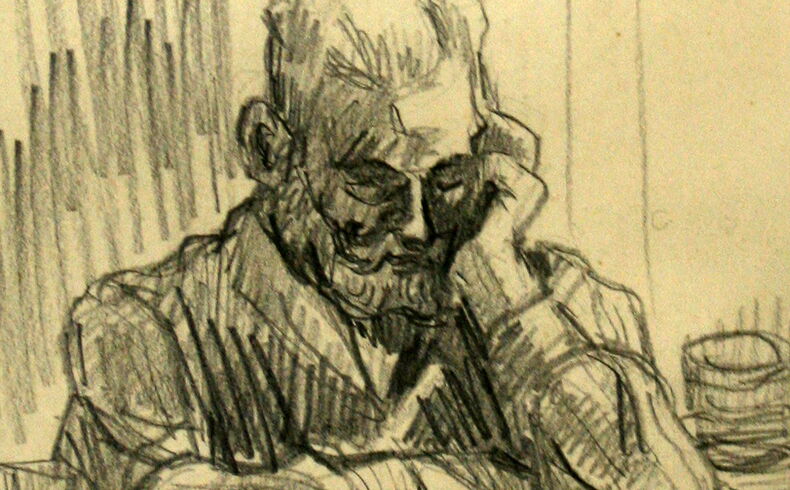 Rudolf Manuwald, Der letzte Türmer der Annenkirche, 1952. Porträtzeichnung mit lockeren Bleistiftstrichen, dargestellt ist ein sitzender, älterer Mann mit Bart, der den Kopf nach vorn geneigt und auf die linke Hand gestützt hat, die Augen sind geschlossen