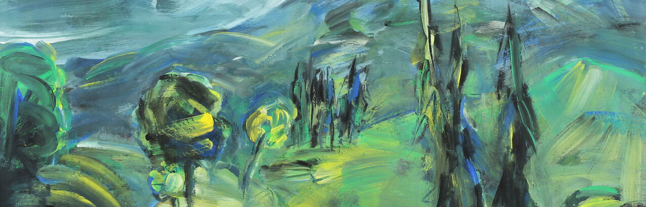 Klaus Hirsch, Erzgebirgslandschaft, 2011,Blick über eine hügelige Landschaft mit Bäumen und Büschen, rechts vorn zwei hohe Bäume, relativ expressiver Pinselduktus, Blau-, Grün und Gelbtöne vorherrschend, der Himmer blaugrau mit wenigen weißen Aufhellungen