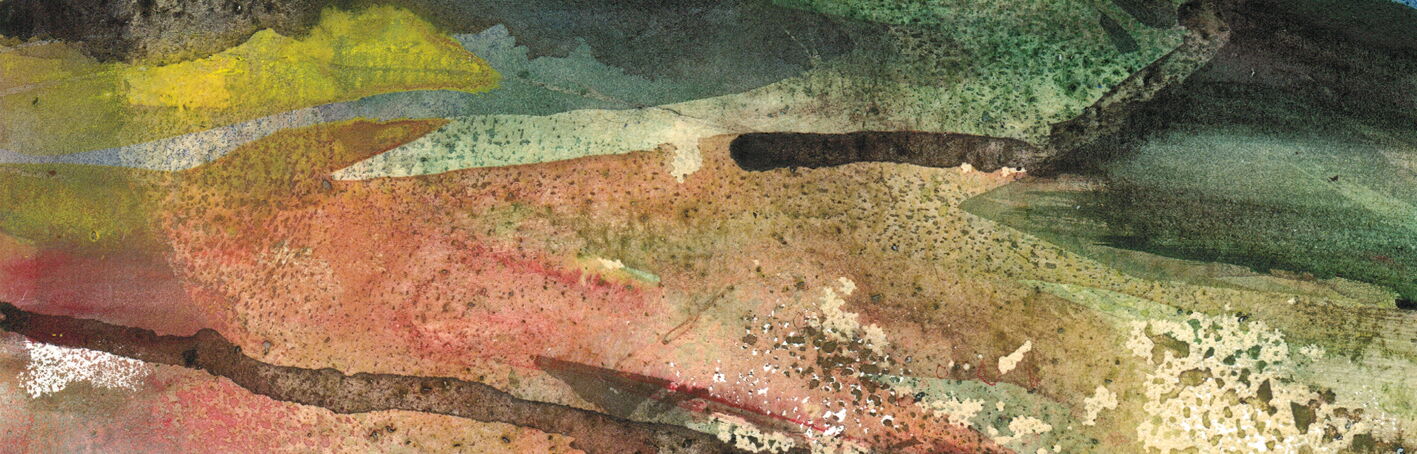 Aquarell mit einer dichten Struktur und nuancenreicher Farbigkeit. Die Spuren des Pinsels sind deutlich erkennbar, verschiedene Farben überlagern sich. Im Hintergrund deutet sich eine langgestreckte Horizontlinie und ein größerer Bergrücken an.