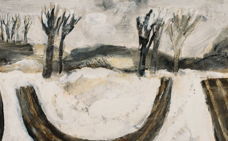 Fritz Diedering, Furche im Schnee, 1978. Kühle Winterlandschaft mit kahlen Bäumen und Hügeln im Hintergrund, markant im Vordergrund eine braune, halbkreisförmige, breite "Furche"