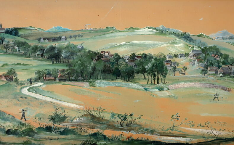 Hügelige Erzgebirgslandschaft mit einem Weg im Vordergrund, dahinter Wiesen und ein Dorf, einzelne Figuren (z.B. ein Bauer mit Sense); im Hintergund rauchende Schornsteine und Fabrikanlagen