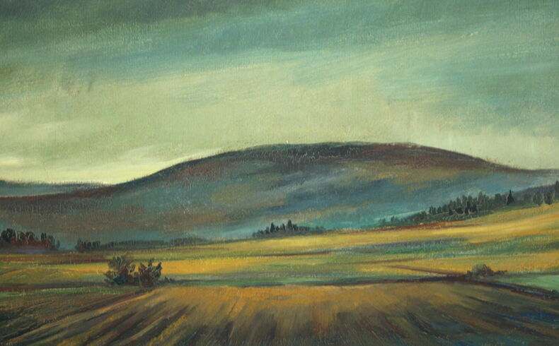 dunkler Bergrücken im Zentrum, davor Baumgruppen und Waldstücke sowie Wiesen, im Vordergrund Felder mit Furchen, getrennt von Feldrainen und Büschen, der Himmel dunkel- bis hellgrau mit einem blassblauen Lichtdurchbruch in der Mitte