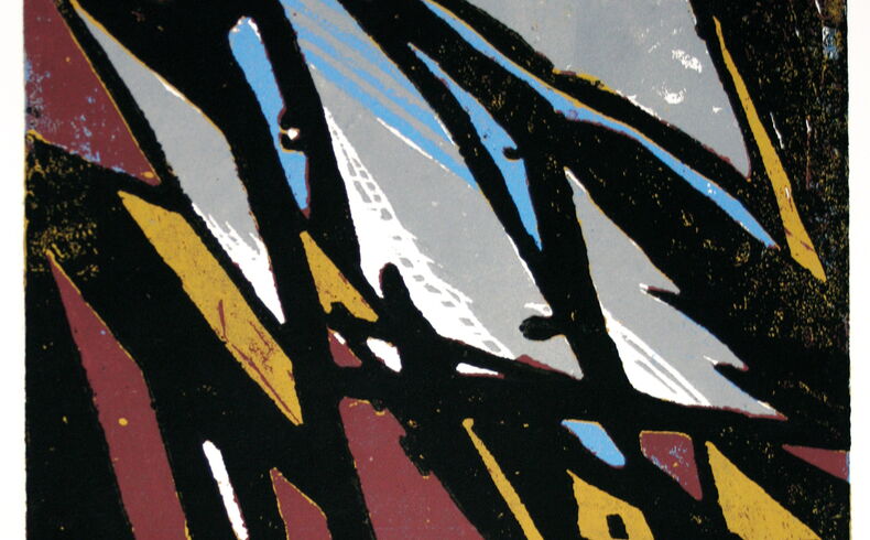 Lothar Kittelmann, Herbststurm, 1993. ungegenständliche Darstellung mit schwarzen, bewegten Linienstrukturen, die an Äste erinnern, durchsetzt von herbstlichen Farbtönen, wie rot, ocker und hellgrau