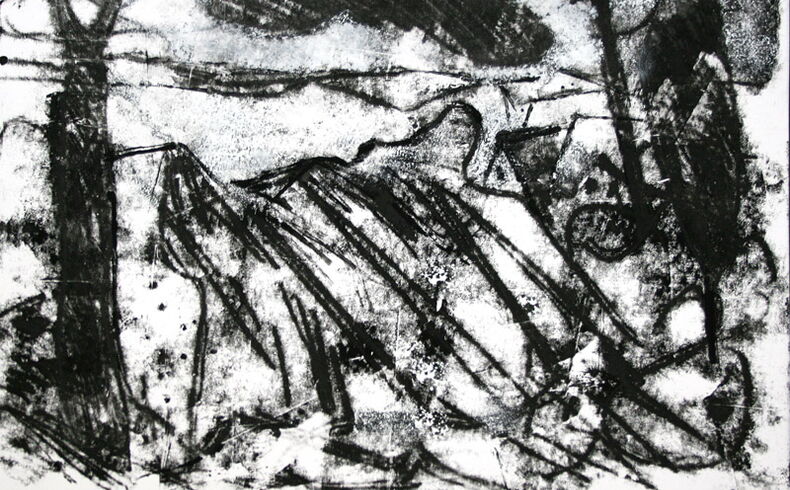 Strukturreiche, relativ abstrakte Komposition in Schwarzweiß mit Assoziationen an Hausdächer und Bäume