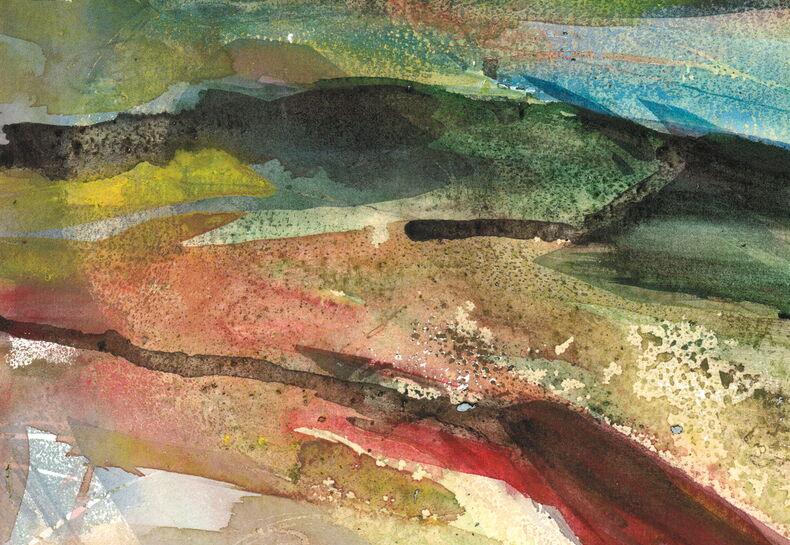 Aquarell mit einer dichten Struktur und nuancenreicher Farbigkeit. Die Spuren des Pinsels sind deutlich erkennbar, verschiedene Farben überlagern sich. Im Hintergrund deutet sich eine langgestreckte Horizontlinie und ein größerer Bergrücken an.