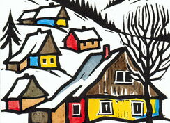 in einem quadratischen Format sind kleine Erzgebirgshäuser dargestellt, rechts ein kahler Laubbaum, im Hintergrund aufsteigende Bergrücken mit angedeuteten Fichten, die Dächer der Häuser sind weiß, die Fassaden und Giebel rot, gelb, blau und braun gehalte